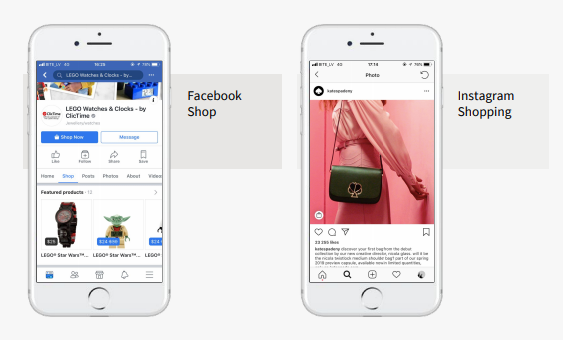 Two iphones displaying the facebook shopping app.