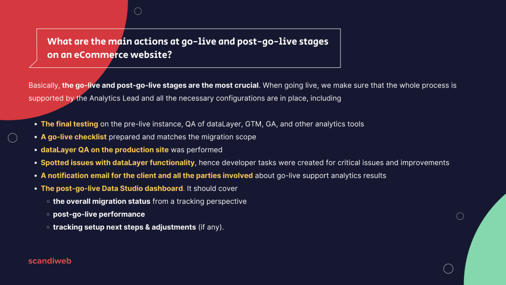 The main go-live and post-go-live actions on an eCommerce website