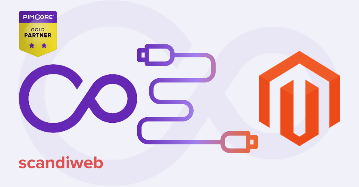 An orange and purple logo with the words magento and scandiweb.