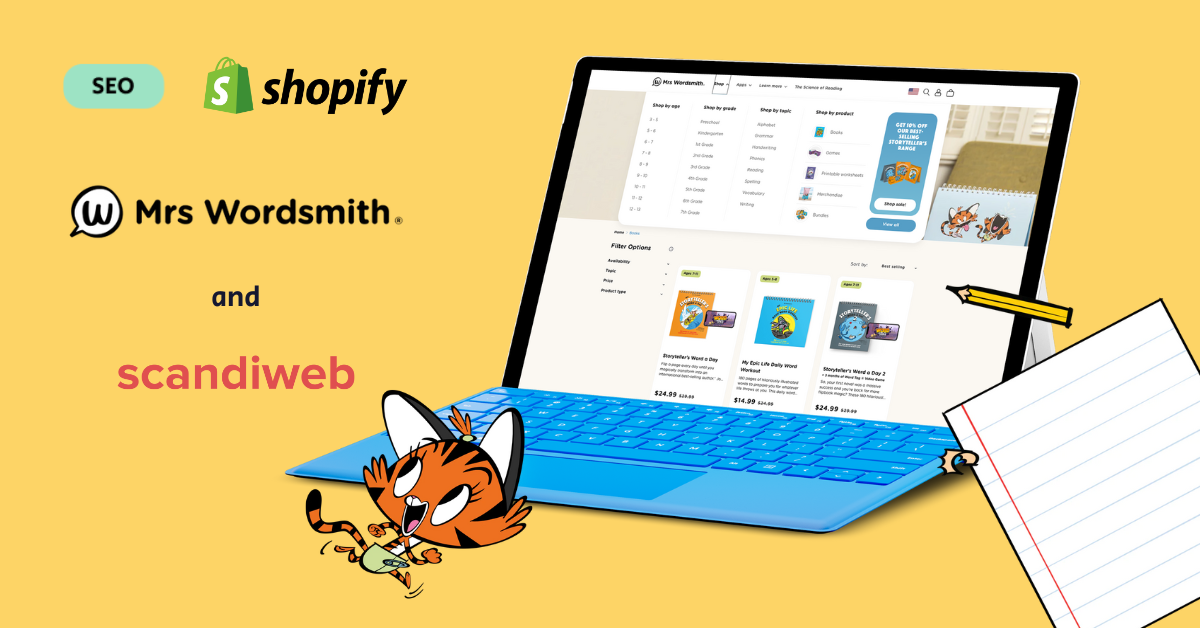 A laptop with a tiger on it and the words shopify and scandiweb.