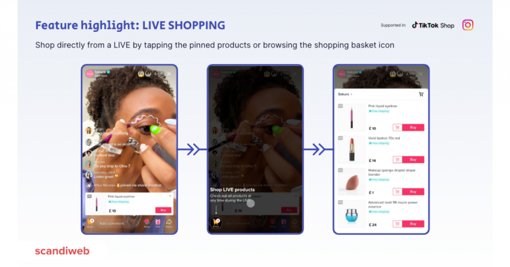 Images showing a livestream and how products can be accessed from it