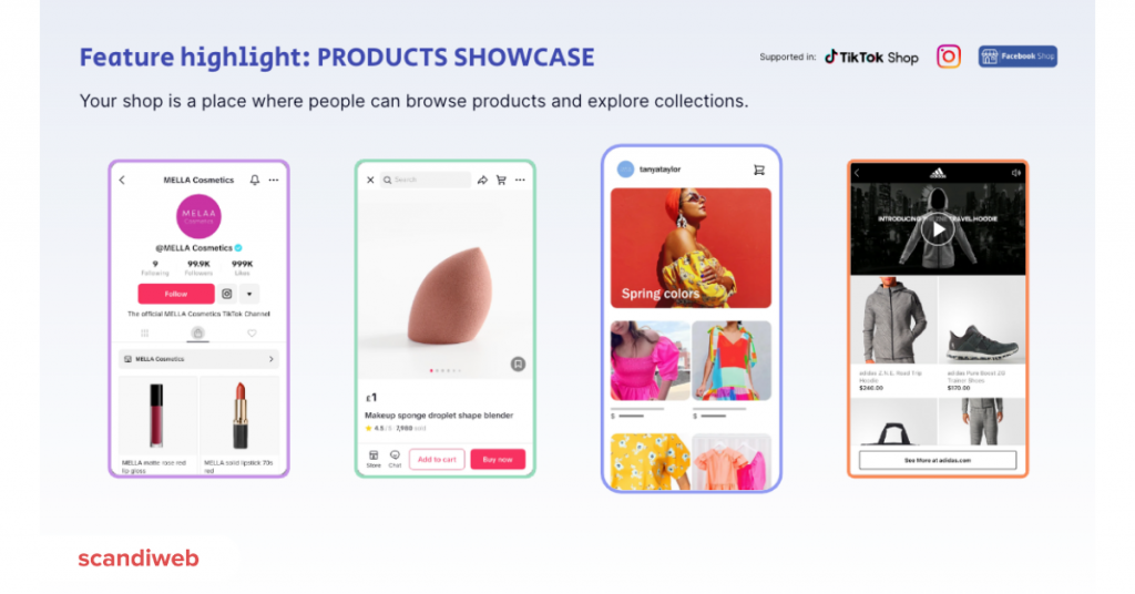 Examples of product showcase on various social media platforms