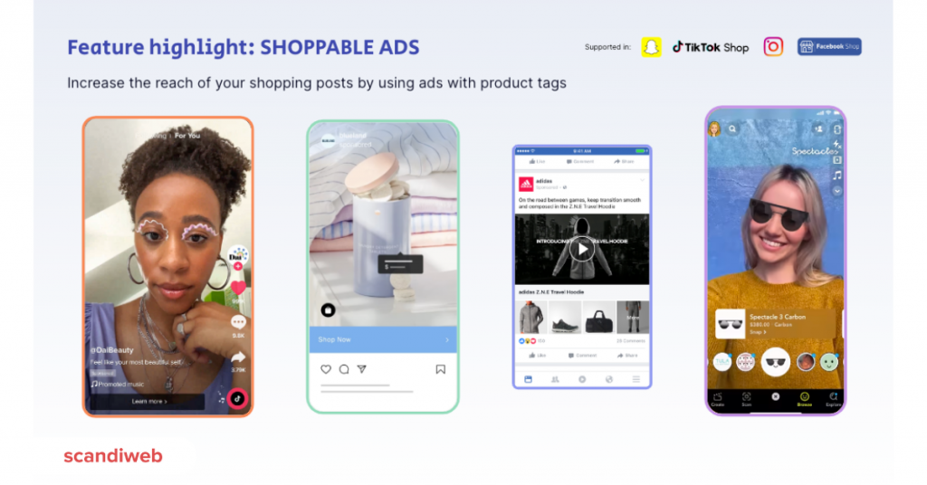 Screenshots of shoppable ads on Tiktok, Facebook, and Instagram