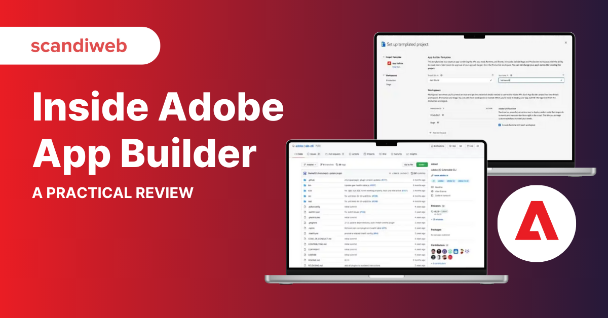 Scandiweb blog banner for 'Inside Adobe App Builder: A Practical Review,' featuring two laptop screens displaying the App Builder interface and GitHub repository, set against a red gradient background with the Adobe logo.