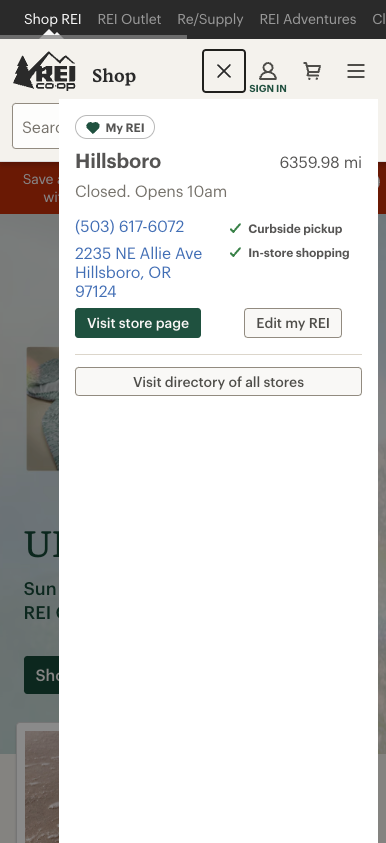 A mobile screen showing REI Co-Op's Hillsboro store details, including address, phone number, curbside pickup availability, and store hours.