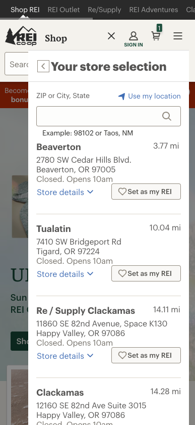 A mobile store selection screen displaying multiple REI Co-Op store locations, distances, and options to set a preferred store.