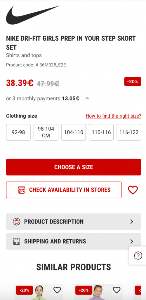 A mobile product page for the Nike Dri-FIT Girls Prep In Your Step Skort Set, showing the price, size selection, and options to check store availability or add to cart.