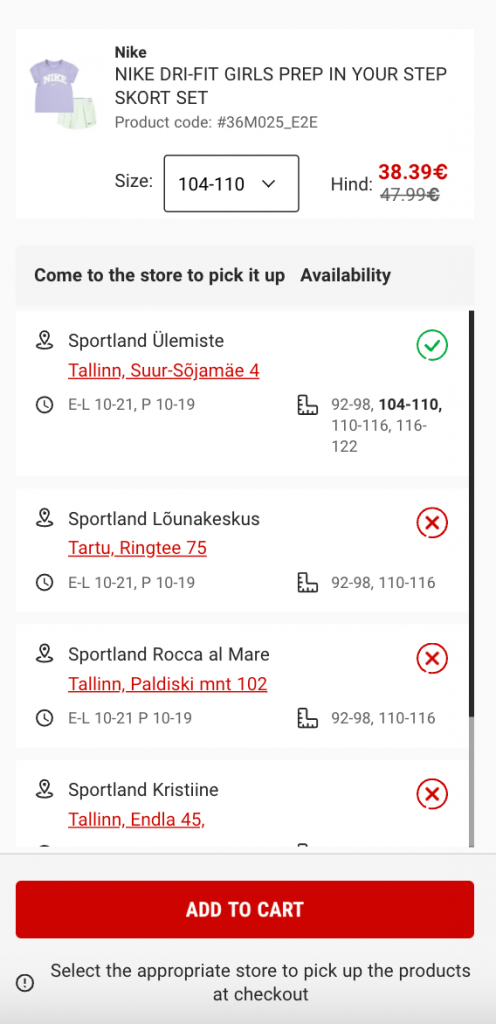 A mobile store selection screen displaying pickup availability for the Nike Dri-FIT Girls Prep In Your Step Skort Set, with one store in stock and others marked as unavailable.