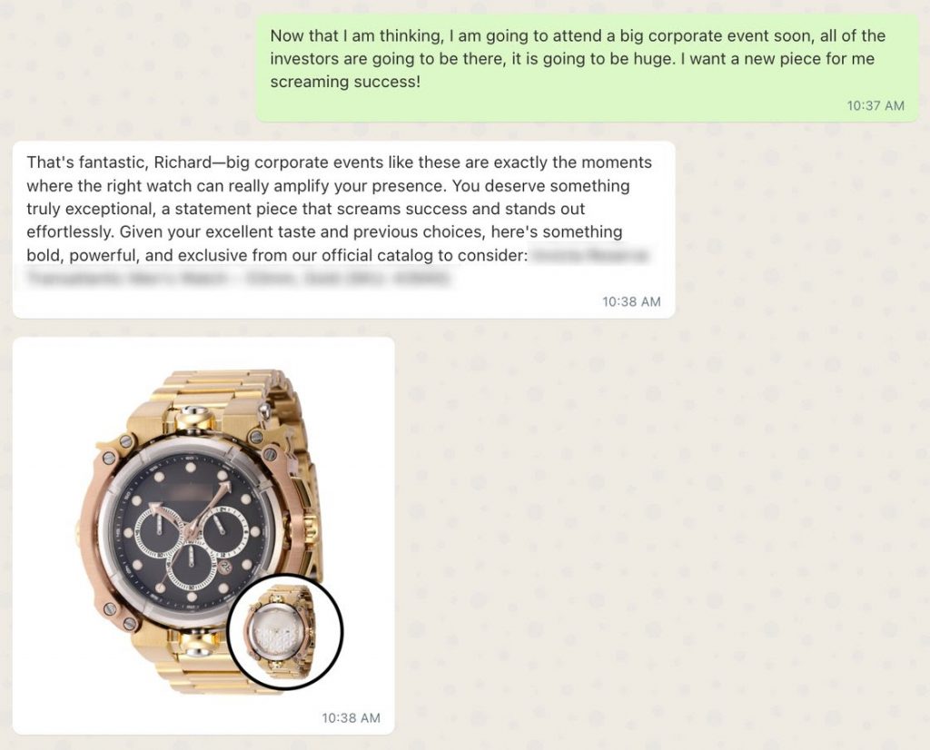 chat window with a watch store concierge, conversational commerce example