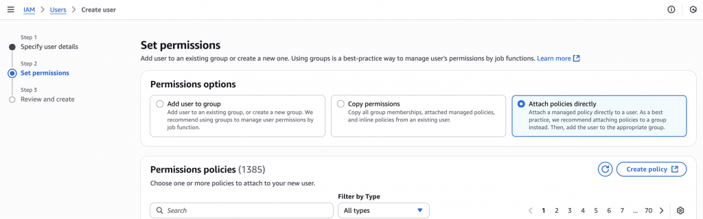 a screenshot with policy creation in aws