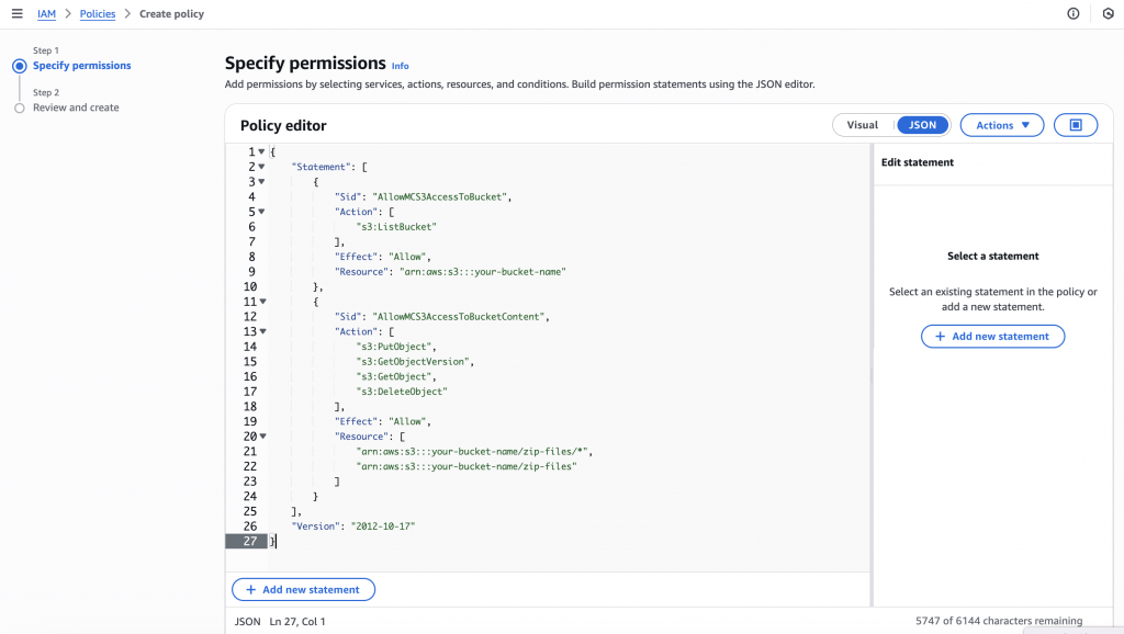 a screenshot how to specify permissions in aws