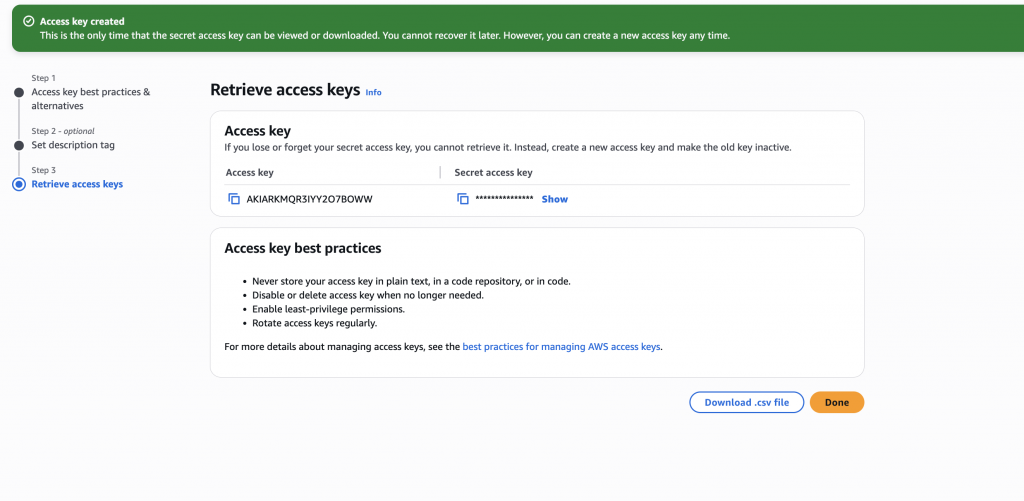 a screenshot of a created access key in aws