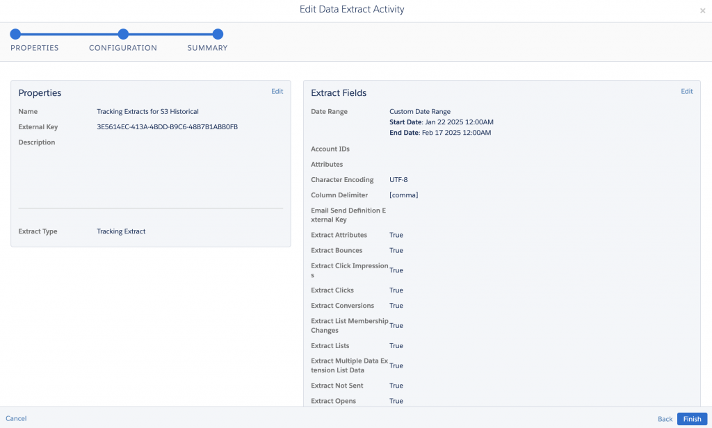 a screenshot of editing data extract activity in sfmc