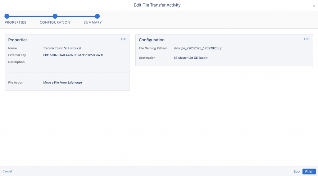 a screenshot of the file transfer activity configuration in sfmc