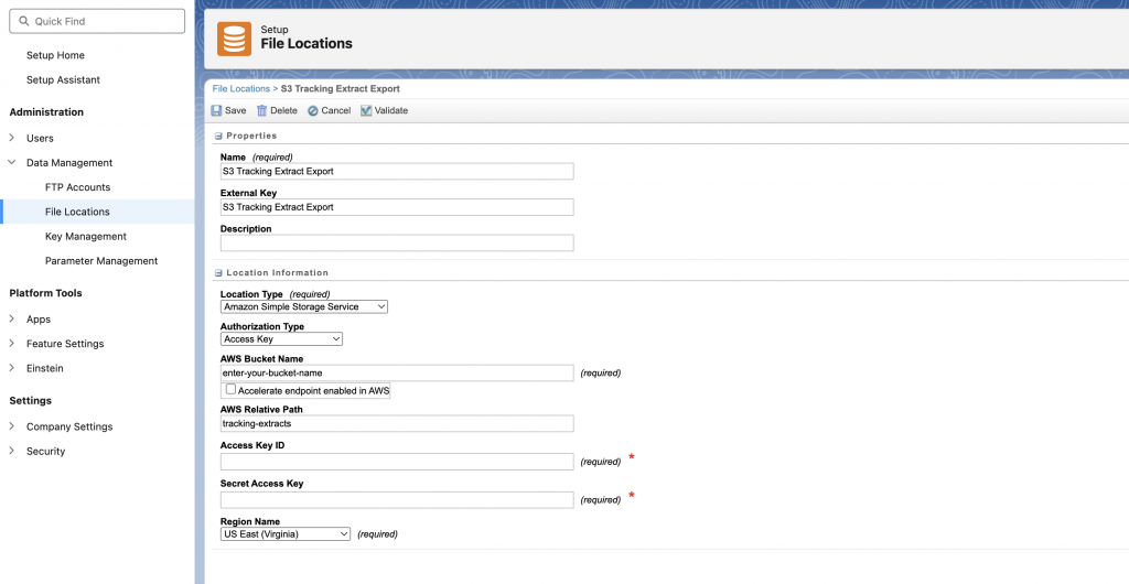 a screenshot of file locations settings in sfmc