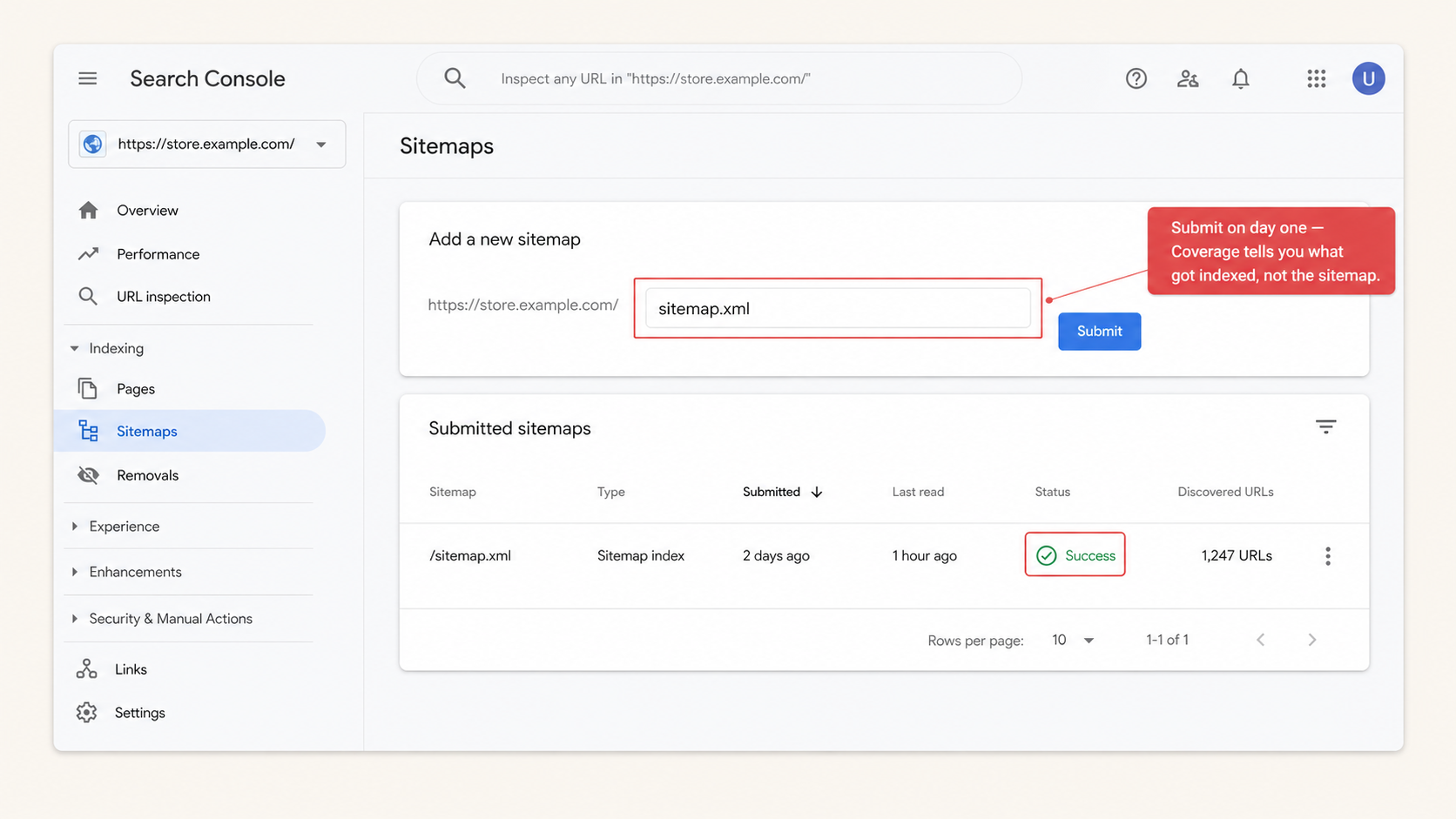Google Search Console Sitemaps panel where users submit a Shopify sitemap.xml URL for indexing