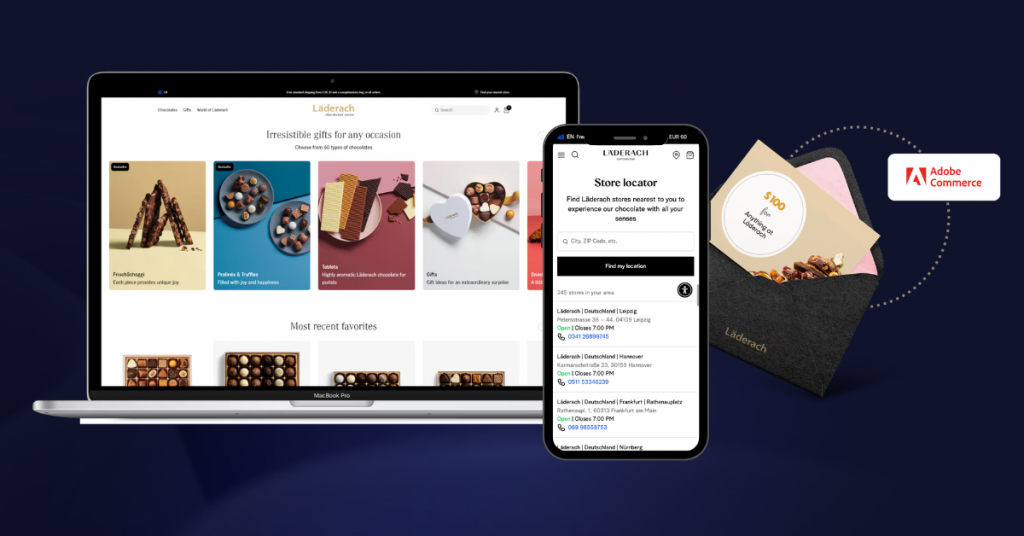 omnichannel retail laderach screens, store locator, and gift cards