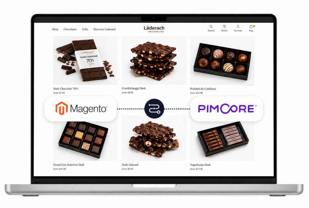 laptop screen visualizing magento pimcore integration and connector for laderach