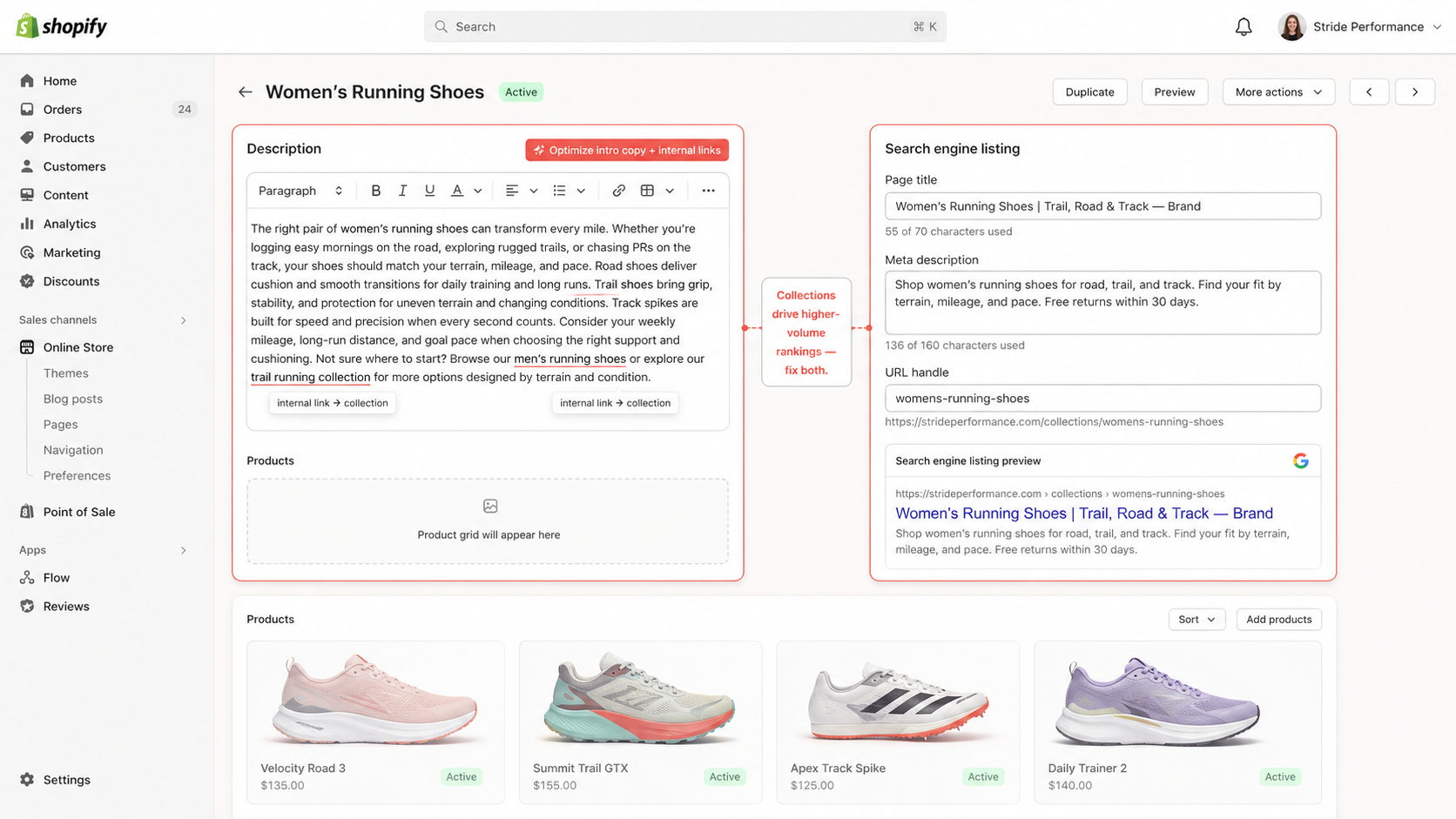 Shopify admin collection edit page with description editor, Search engine listing fields, and product grid