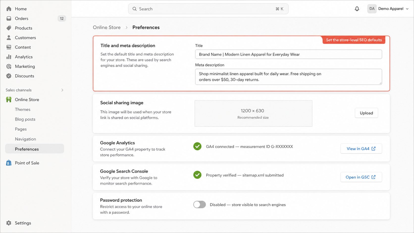 Shopify admin Online Store Preferences page showing store title, meta description, Google Analytics, and Search Console settings