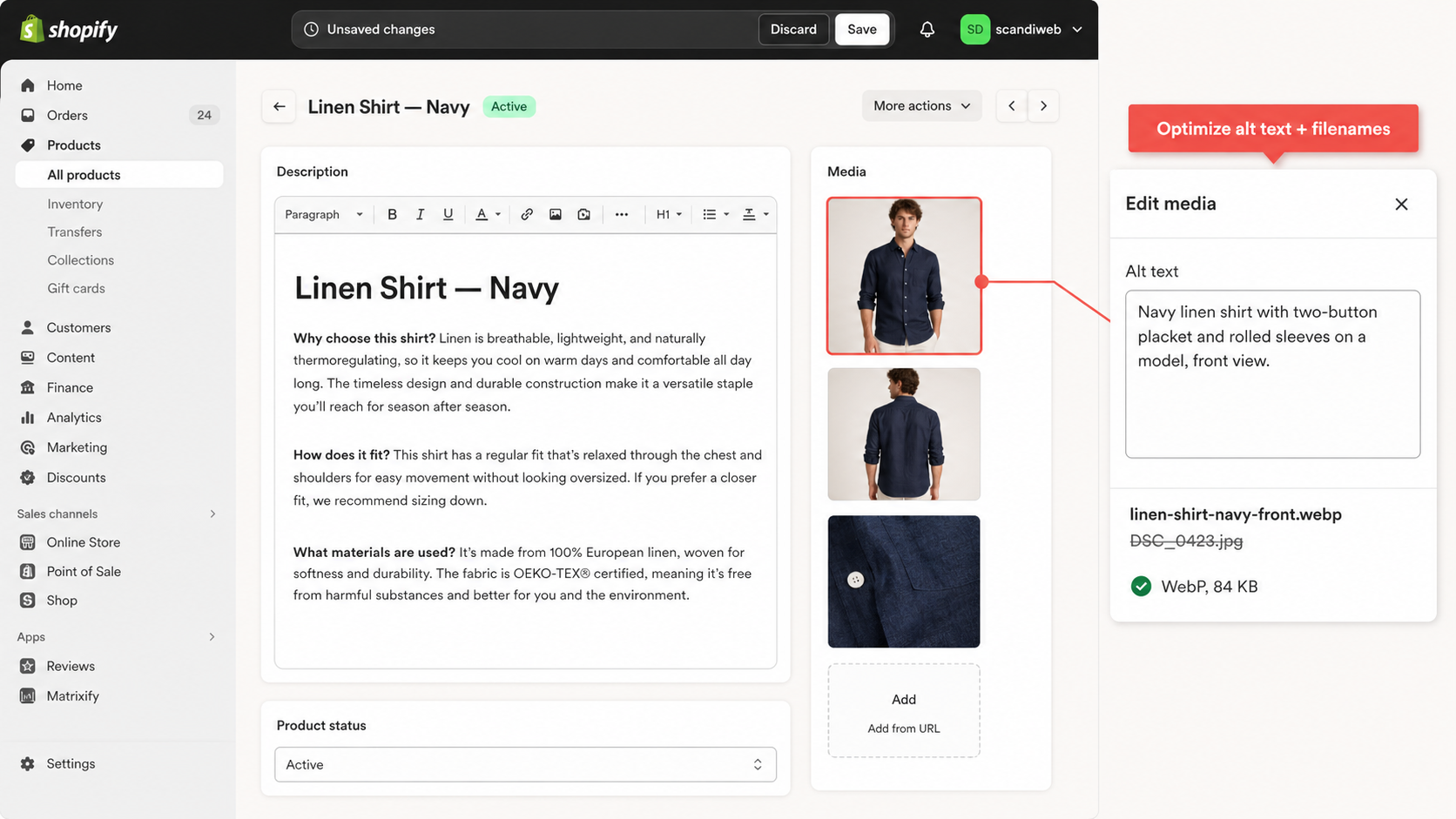 Shopify admin product description rich-text editor and Media panel with image alt text and filename fields