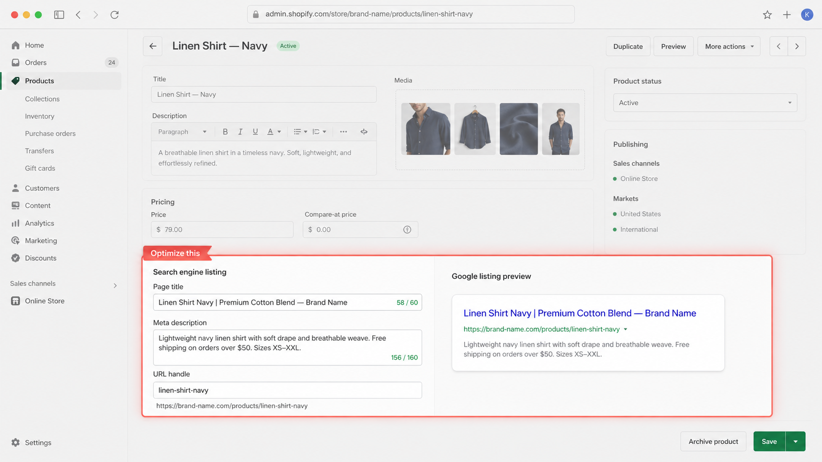 Shopify admin product edit page with the Search engine listing section showing title, meta description, and URL handle fields