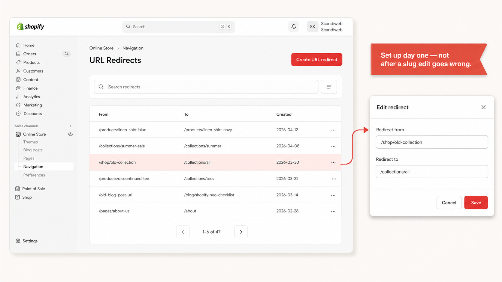 Shopify admin URL Redirects page listing 301 redirect entries from old to new URLs