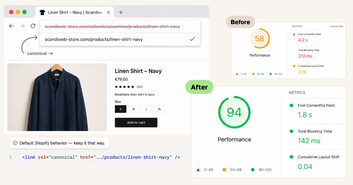Side-by-side view of Shopify duplicate URL canonical pattern and Lighthouse score before vs after app cleanup