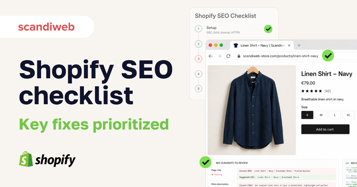 Shopify SEO checklist visual highlighting priority fixes for stores