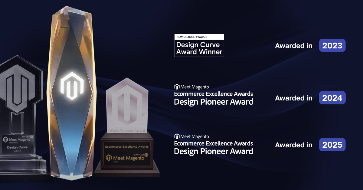 eCommerce awards collage with year badges showing scandiweb's Meet Magento NY Design Curve Award 2023 (Läderach), Design Pioneer Award 2024 (Airthings), and Design Pioneer Award 2025 (Umniah)