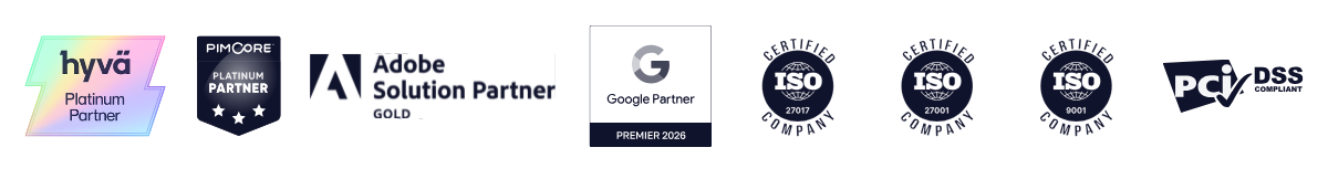 scandiweb's partner-credential strip showing Adobe Gold, Hyvä Platinum, Pimcore Platinum, Google Premier Partner, ISO 27001, ISO 27017, ISO 9001, and PCI DSS