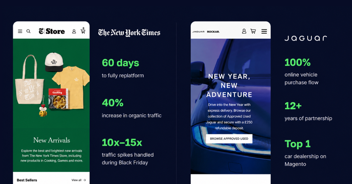 Two case-study cards showing The New York Times and Jaguar Foundation-stage rebuilds by scandiweb