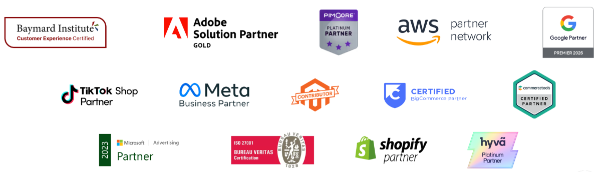 10-tile partnerships grid showing Adobe Gold, Hyvä Platinum, Pimcore Platinum, Google Premier Partner, Shopify Plus, commercetools, Salesforce, BigCommerce, Meta Business, and AWS partner logos