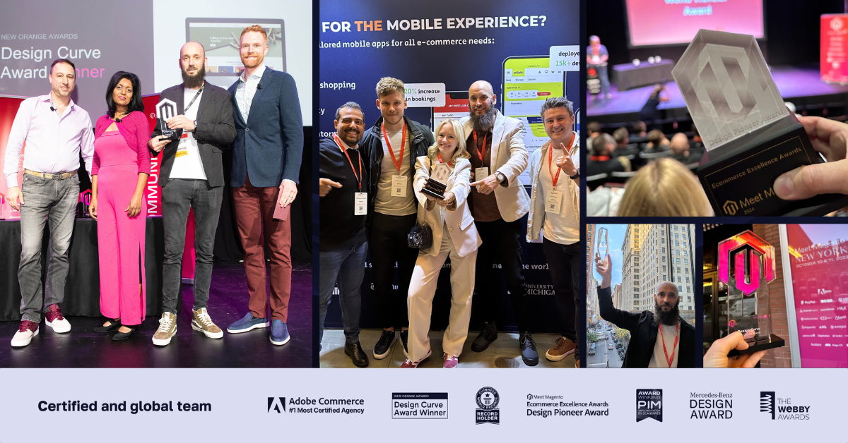 Collage of scandiweb team members receiving eCommerce excellence awards on stage at Meet Magento NY and other industry events