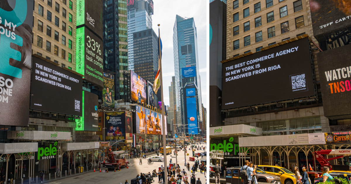 scandiweb featured on a Times Square billboard in New York as the world's #1 most certified Adobe Commerce and Hyvä agency