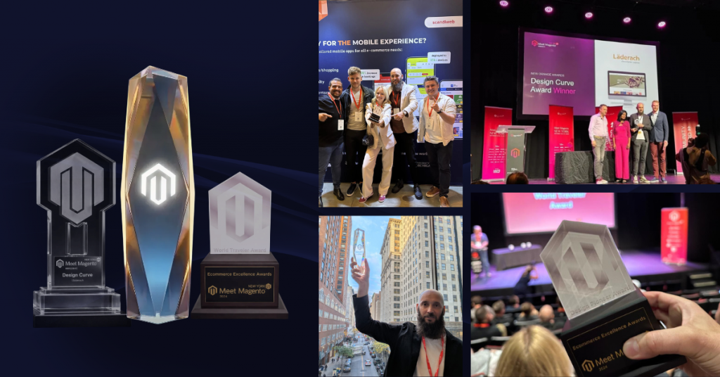 Three Meet Magento NY Hyvä-category award trophies (Curve 2023, Pioneer 2024, Pioneer 2025) with the Hyvä Platinum Partner badge