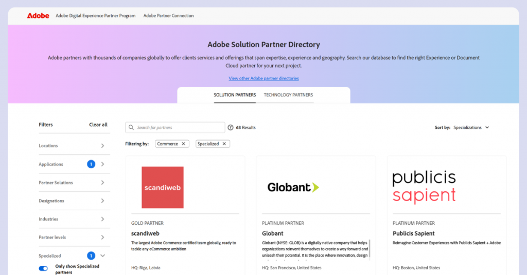 scandiweb at the top of Adobe's Solution Partner directory by certifications, team size, and projects