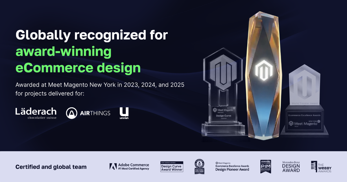 Meet Magento NYC Design Curve Award 2023 and Design Pioneer Award 2024 trophies for scandiweb's Hyvä builds with Läderach and Airthings
