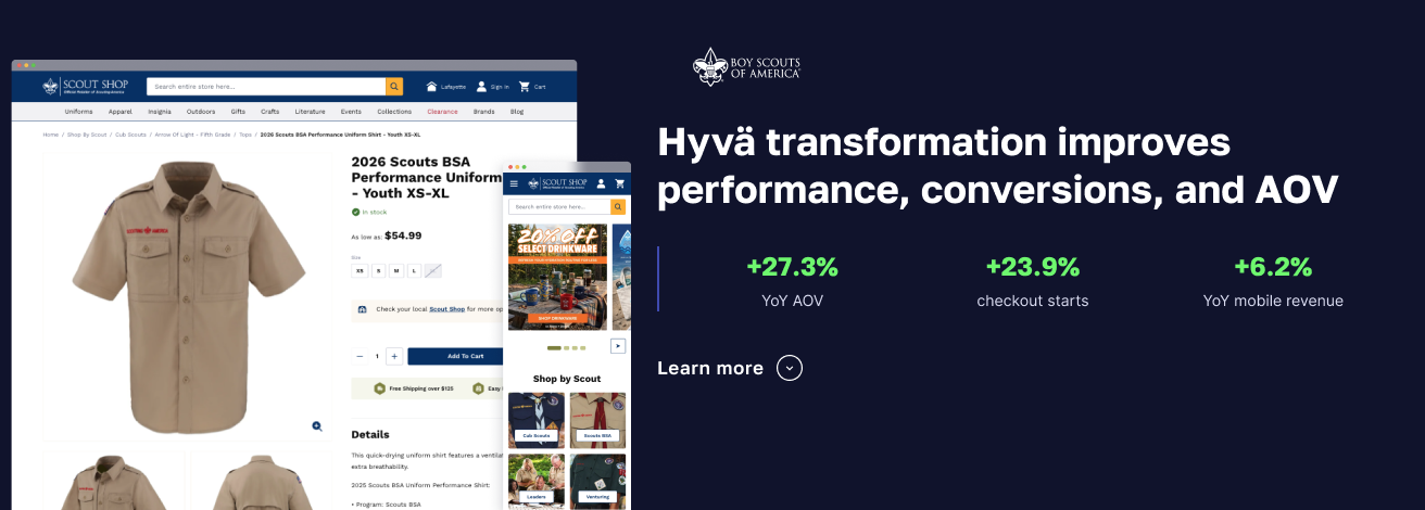 Scouting America's Hyvä migration outcomes including +27.3% AOV and +6.2% mobile revenue