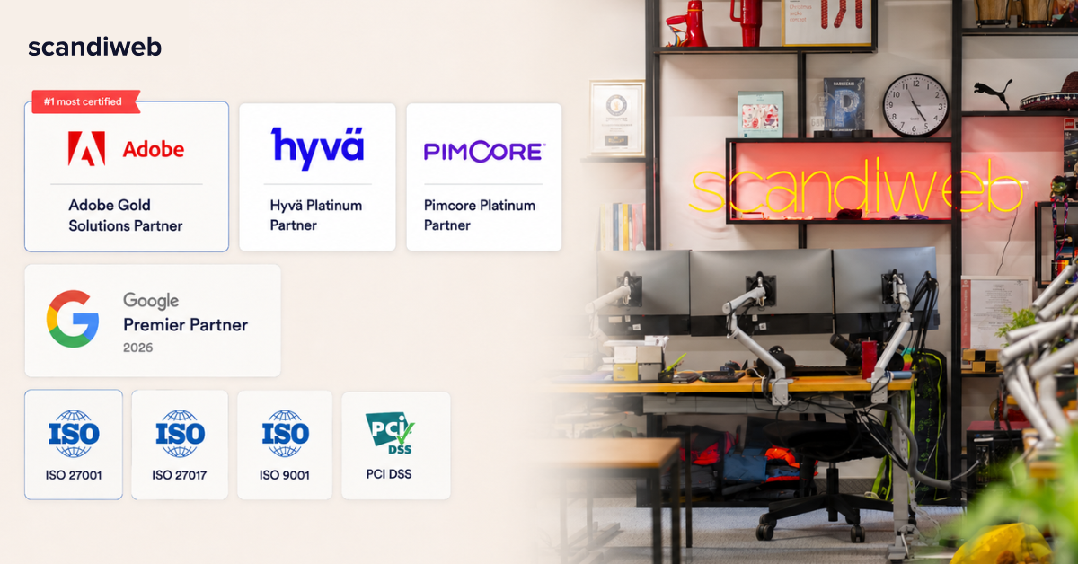 scandiweb's certified Adobe Commerce and Hyvä Platinum partner team with credentials grid