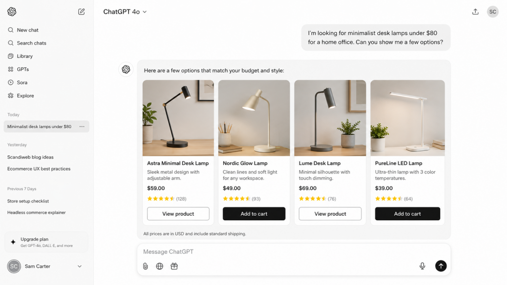 ChatGPT chat window showing an eCommerce app returning product cards with prices and a buy action