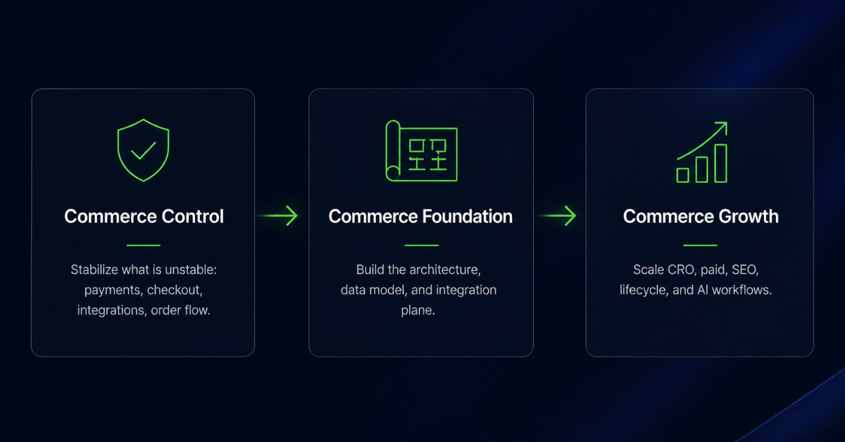 Three-stage diagram of scandiweb's Commerce Control, Foundation, and Growth lifecycle that marketing programs run on top of