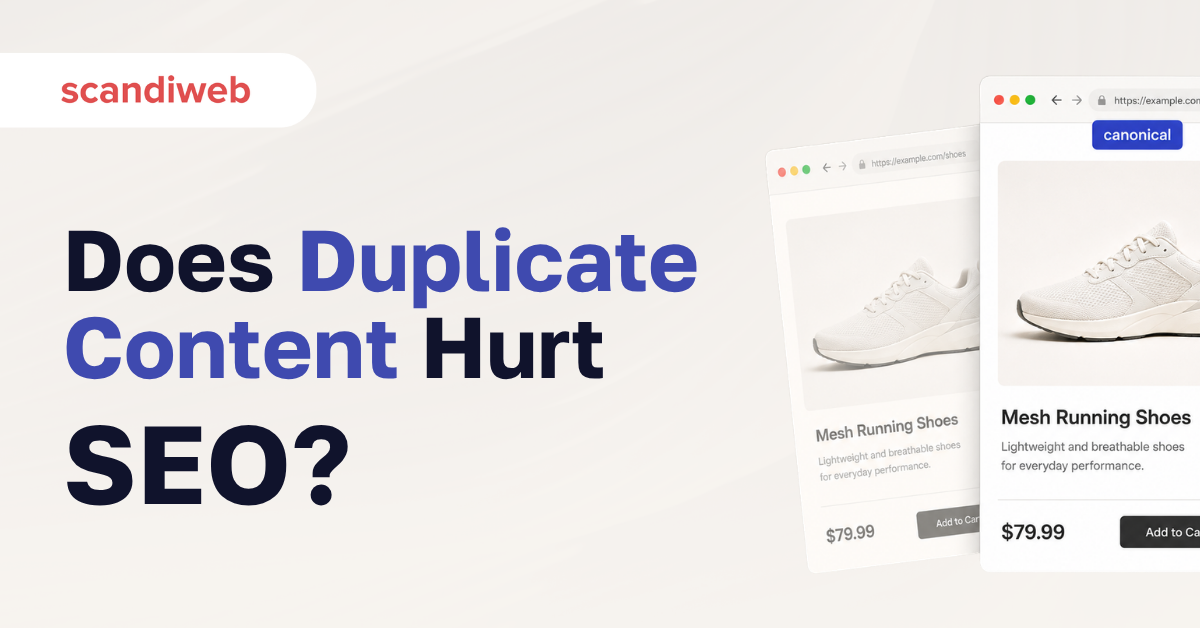 Featured graphic asking whether duplicate content hurts SEO with canonical-tag visual