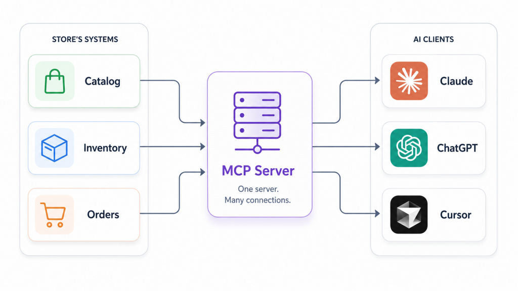 Diagram of a single MCP server linking a store's systems to Claude, ChatGPT, and other AI clients