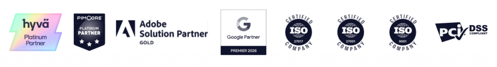 Eight-tile partner-credential grid showing Hyvä Platinum, Adobe Gold Solutions Partner, Pimcore Platinum, Google Premier Partner, ISO 27001, ISO 27017, ISO 9001, and PCI DSS