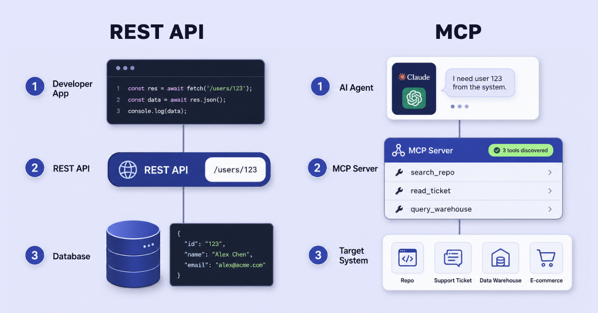 Side-by-side diagram comparing how a REST API call works versus how an MCP call from an AI agent works.