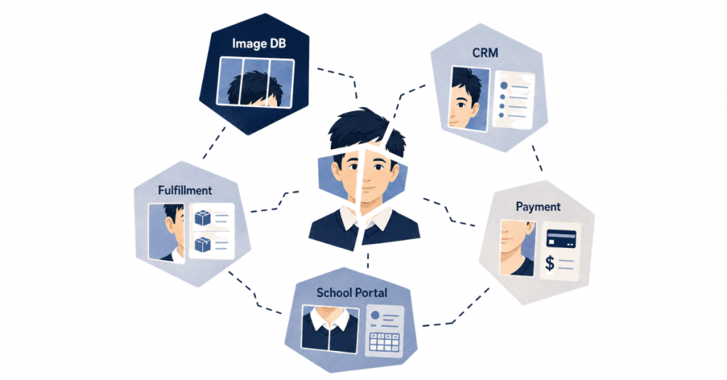 Five disconnected legacy systems – image database, CRM, fulfillment, payment, and school portal – with broken connections and a fragmented student record between them.
