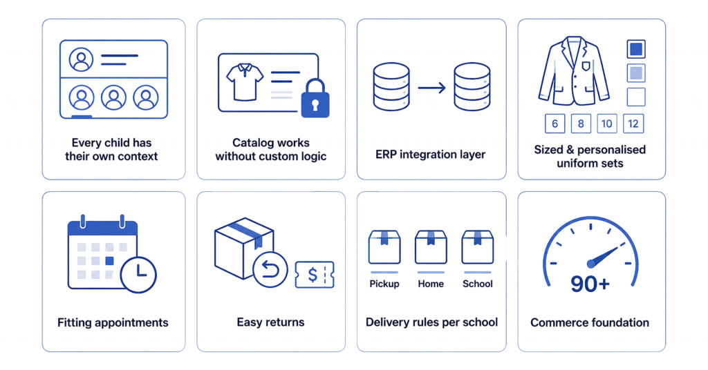 Eight modules of the platform: child context, gated catalog, ERP integration, uniform sets, fittings, returns, delivery rules, performance