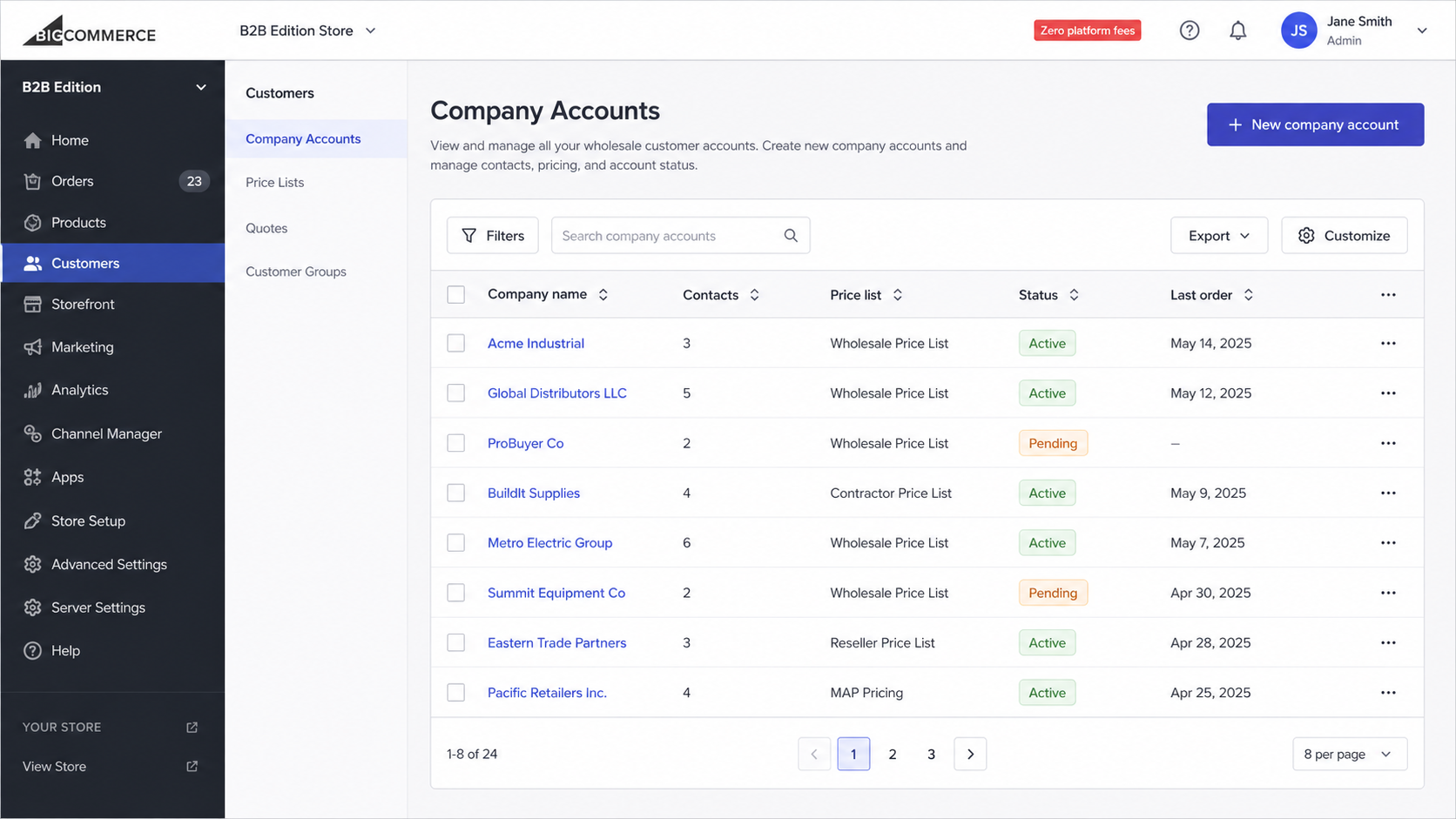 BigCommerce B2B Edition admin showing company accounts list with price lists, quotes, and customer groups in the sidebar