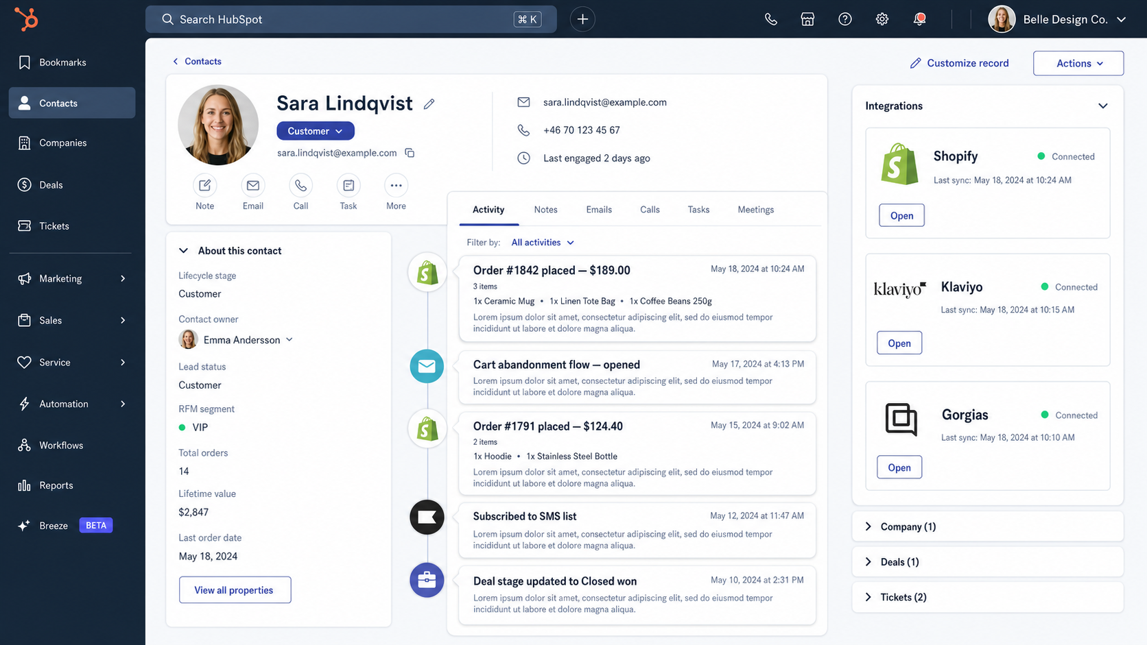 HubSpot CRM contact record showing a Shopify customer with synced orders, RFM segment, lifetime value, and connected Shopify, Klaviyo, and Gorgias integrations